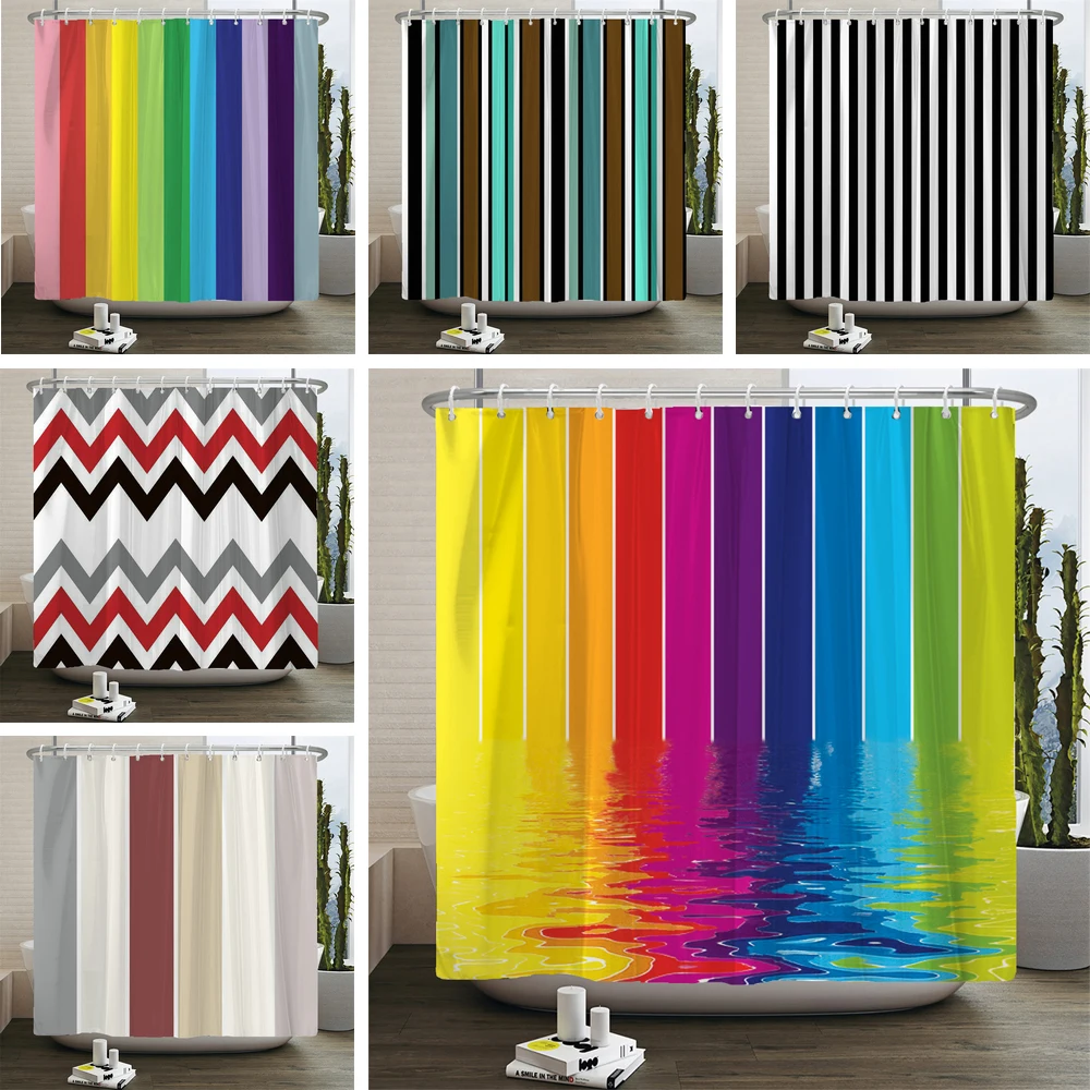 

Colorful Stripes Print Shower Curtains Modern Geometry Pattern Bathroom Waterproof Polyester Bath Curtain Home Decor with Hooks
