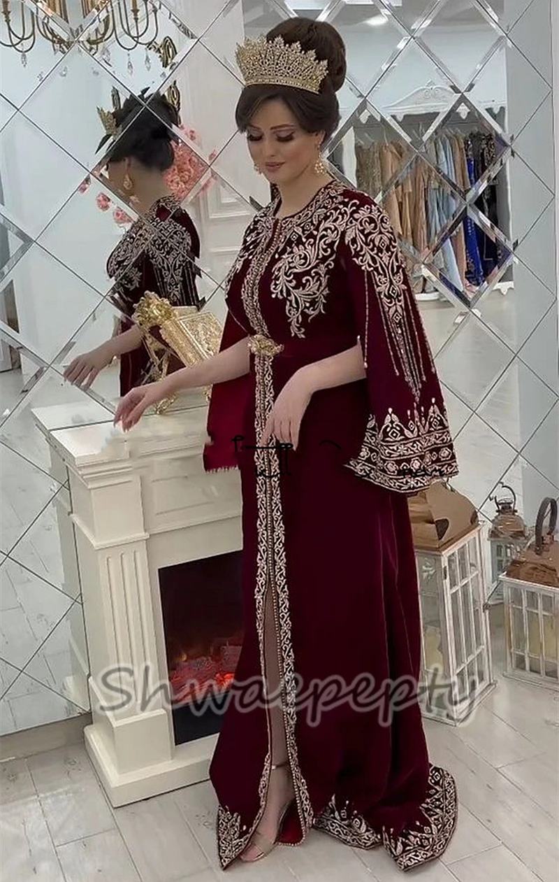 

Elegant Moroccan Kaftan Evening Dresses Burgundy Velvet Gold Embroidery Arabic Turkey Formal Occasion Wear Long Prom Dress