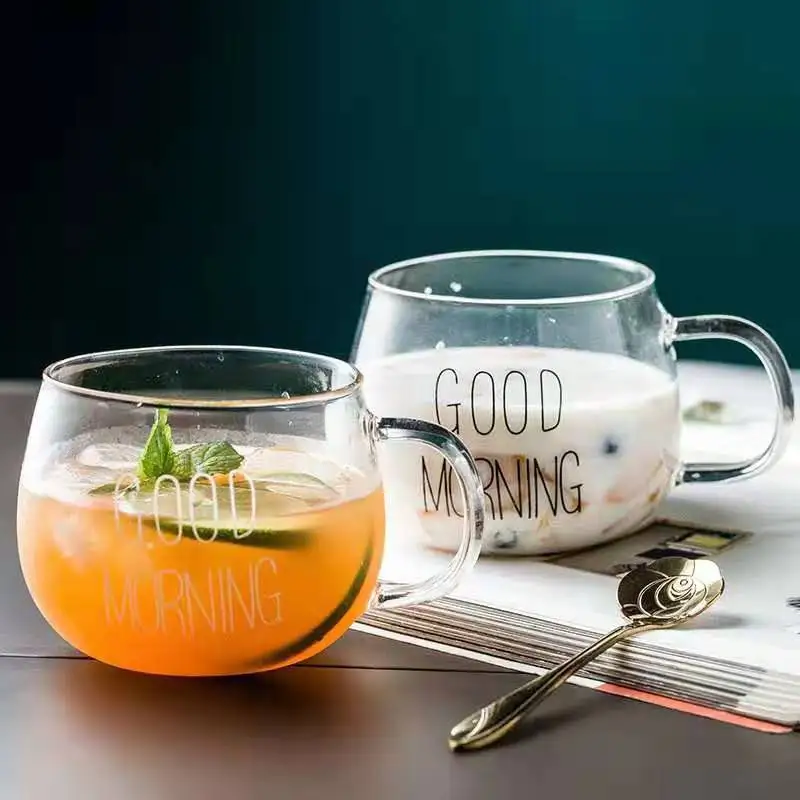

Creative Transparent Letter Printed Glass Coffee Tea Mug Drinks Dessert Breakfast Milk Cup Glass Mugs Handle kitchen Accessories
