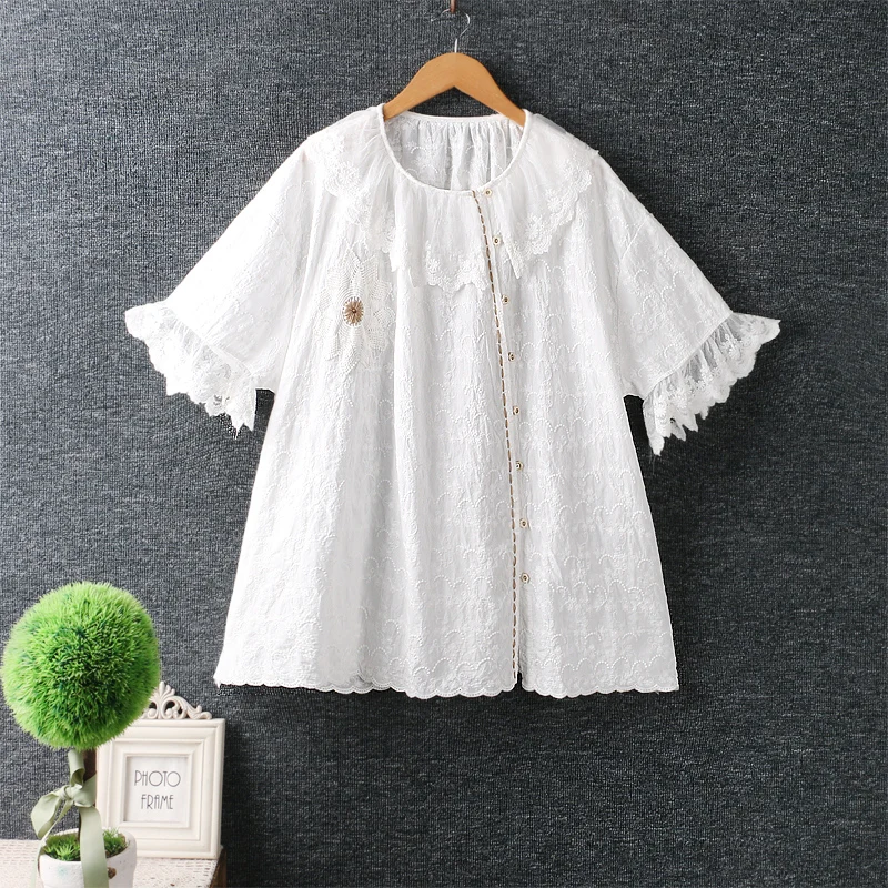 

Mori Sweet Embroidery Top For Woman Short Sleeve Single Breasted Shirt Female 822-32