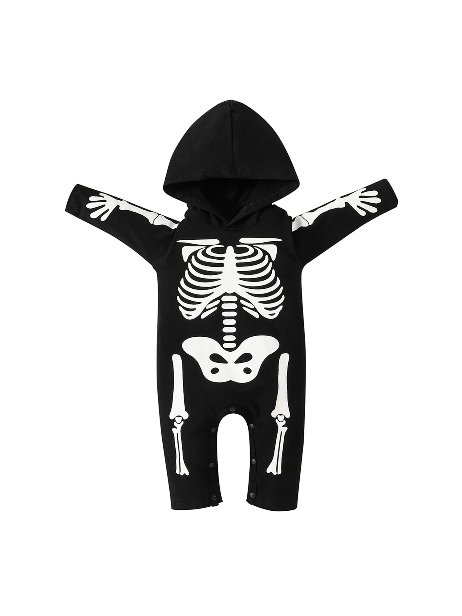 

Halloween Party Baby Girls Boys Jumpsuit Long Sleeve Hood Cartoon Skeleton Print Romper Cosplay Costume