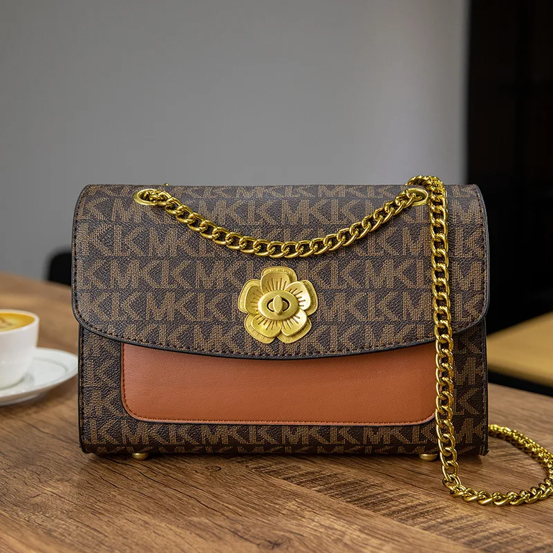 

Free Shiping New Camellia Texture Lock Button Small Square Bag Summer Retro Print Chain Bag One Shoulder Crossbody Bag [5195]