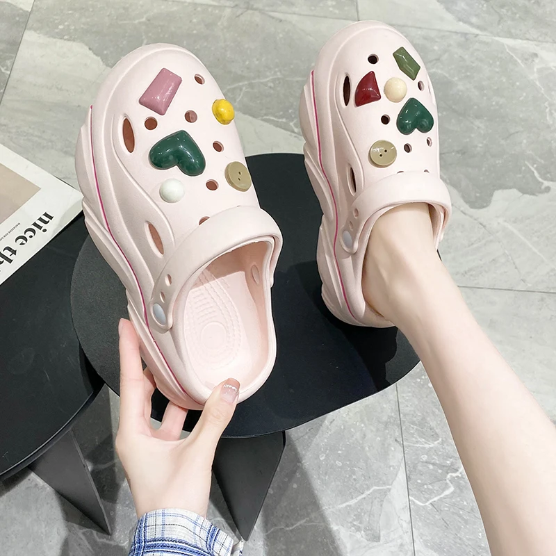 

2023 New Thick-soled Slippers Women's Summer Outer Wear Increased Non-slip High-heeled Shoes Hole Shoes Beach Sandals Home Shoes