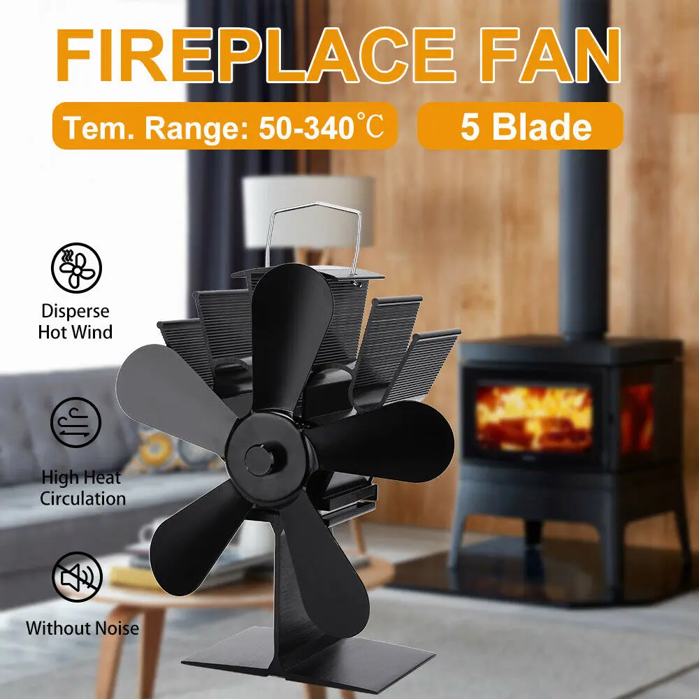 5 Blade Mini Black Fireplace Heat Powered Stove Fan Log Wood Burner Quiet Home Efficient Distribution |