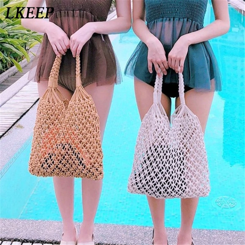 

Women Woven Shopping Bag Mesh Rope Weaving Tie Buckle Reticulate Hollow Straw Bag Net Shoulder Bag Beach Bags