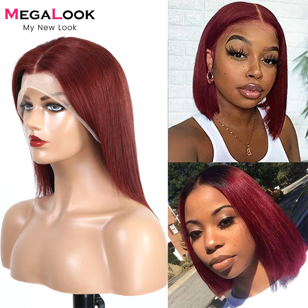 

MEGALOOK #33 Bob Lace Front Wigs Pre Plucked Remy Brazilian Straight Colored Human Hair Short Bob Wigs For Women 180 Density