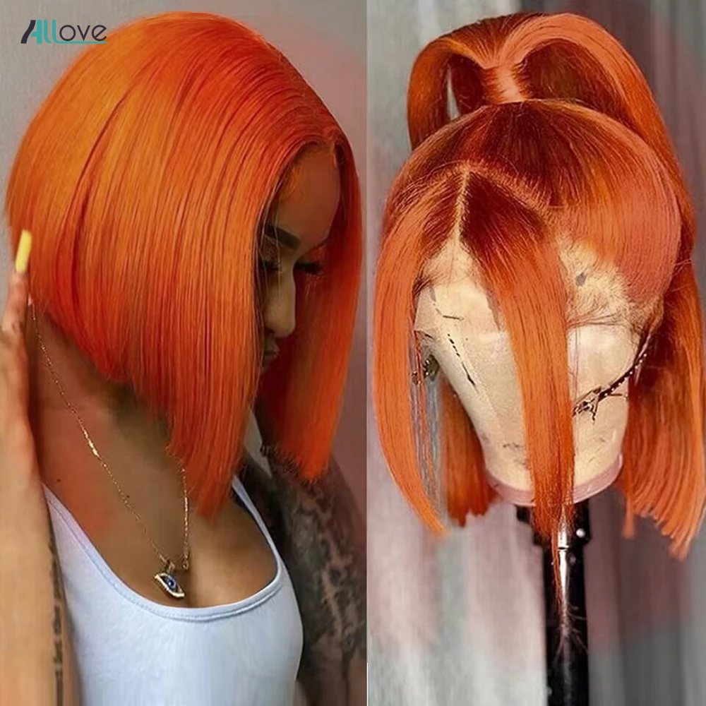 

Парик Allove Orange Ginger Bob, прямые короткие волосы, бразильский парик 99J, цветные парики 4x4 из человеческих волос для женщин