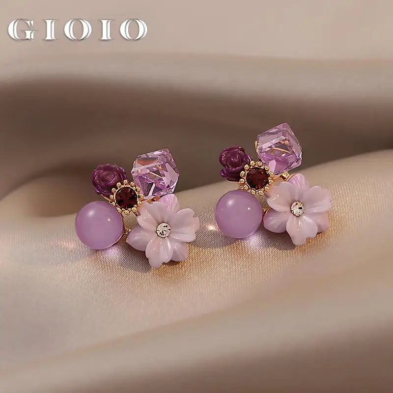 Purple Crystal Flower Stud Earrings For Woman 2022 Korean Fashion Jewelry Wedding Party Girl's Elegance Set Accessories