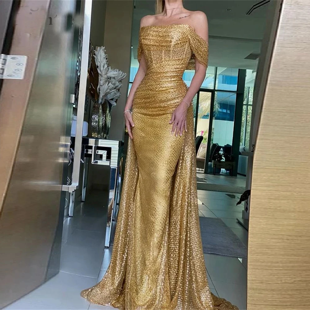 Verngo 2022 Gold Sequin Lace Long Evening Dresses With Attachable Overskirt Off the Shoulder Dubai Women Formal Prom Dress