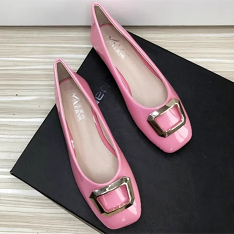 

Women Pinkish Square Toe Cute Chaussure Soft Ballet Flats For Tender Feet Wide Fitting Slip-On With Metal Buckle Patent Leather