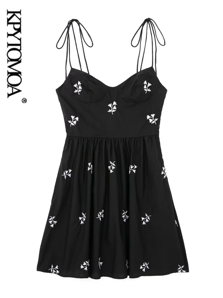 

KPYTOMOA Women Fashion Floral Embroidered Poplin Mini Dress Vintage Backless Elastic Tied Thin Straps Female Dresses Vestidos