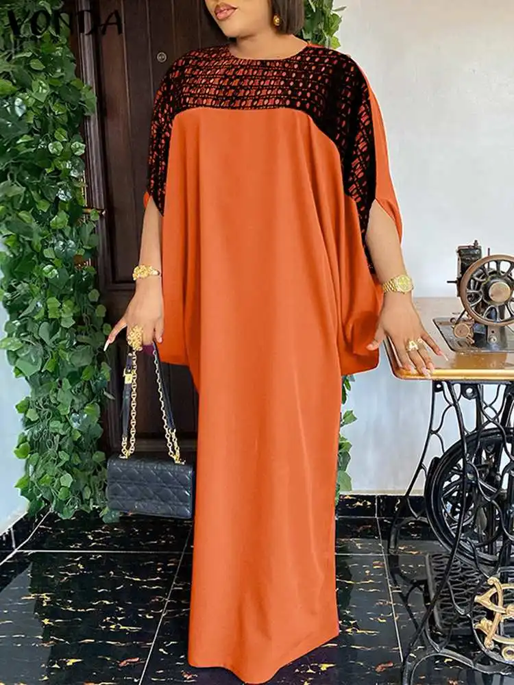 Plus Size 5XL Maxi Dress 2023 VONDA Women Summer 3/4 Sleeve Lace Patchwork Casual Elegant Party Dresses Loose Long Vestidos