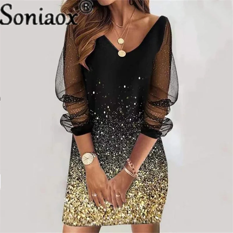 

Women Elegant V-Neck Sequin Party Dress 2022 Spring Mesh Long Sleeve Mini Dress Autumn Patchwork Shiny Printed A-Line Dresses