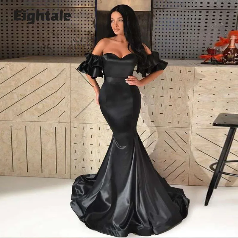 

Eightale Arabic Evening Dresses with Detachable Short Sleeves Mermaid Black Prom Gown Satin Party Dress robe de soirée femme