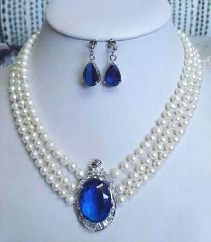 

3 rows Natural white pearl sapphire pendant necklace earrings