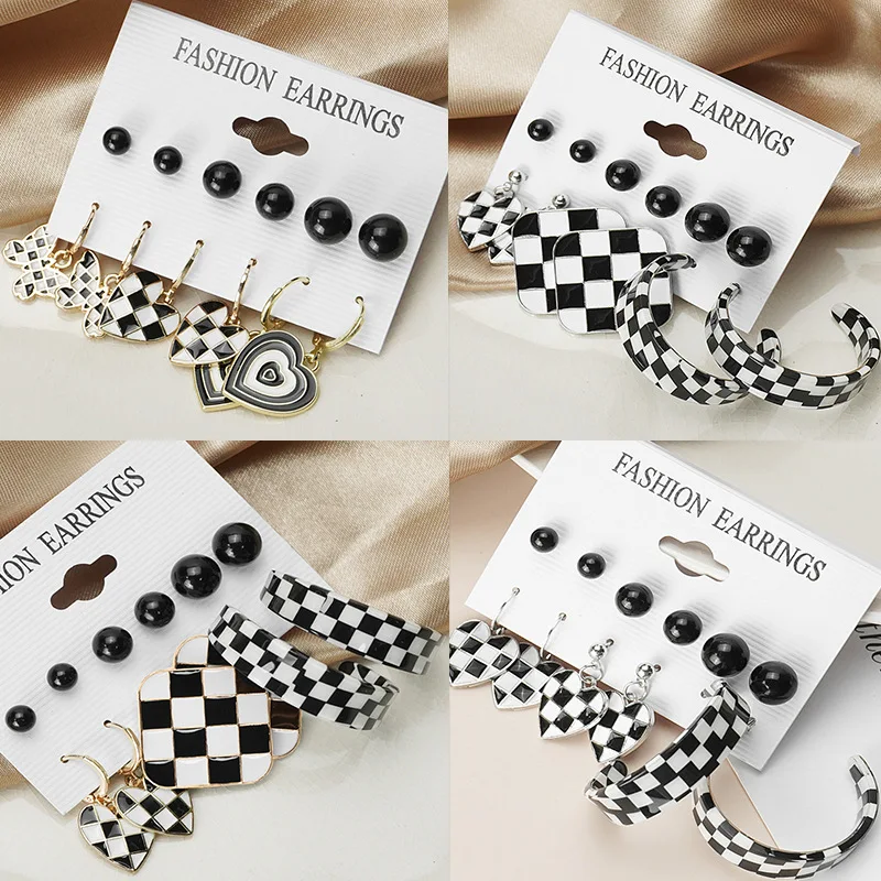 

New Metal In Europe And The Personality Black Stud Earring 6pcs / Set Creative And White Girl Earrings Punk Jewelry Accessories