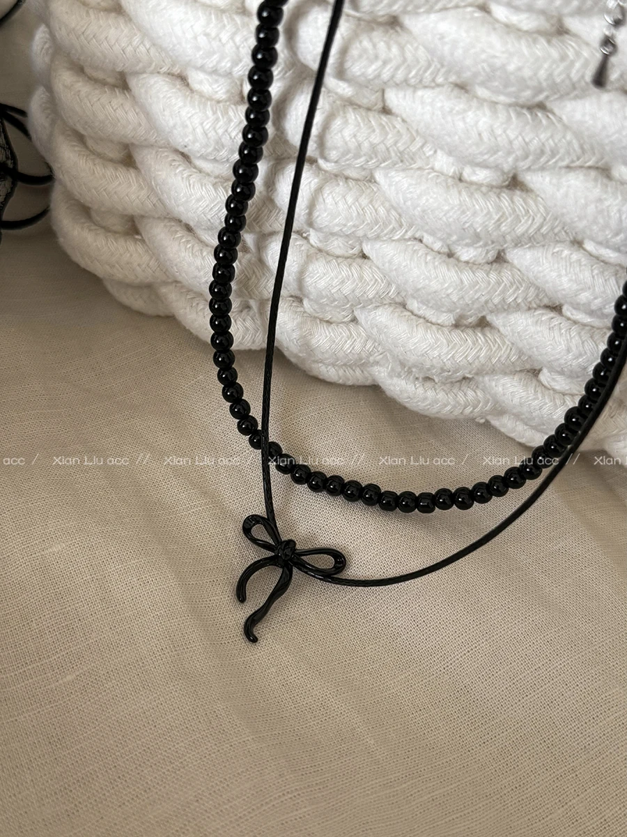 Black Beaded Bow Necklace Women 2024 New Popular Choker Design High-Grade Accessories