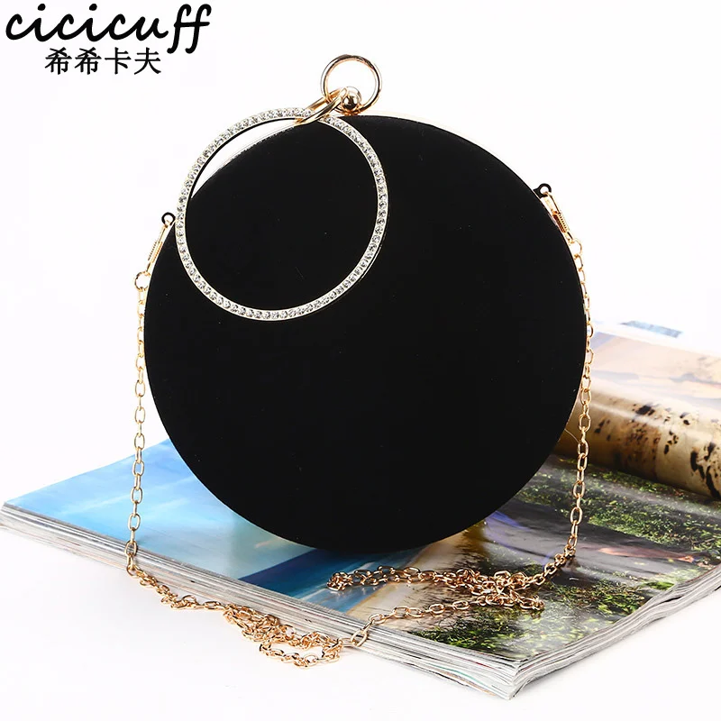 

2023 New Handmade Round Circular Shape Evening Clutch Bag Women Soft Velvet Chain Shoulder Messenger Bags Classic Black