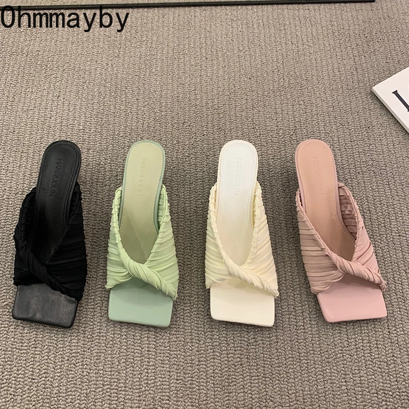 

Summer Heel Slippers Women Square Toe 2022 Women's Thin Heel Ladies Slip On Outdoor Party Slides Sandalias