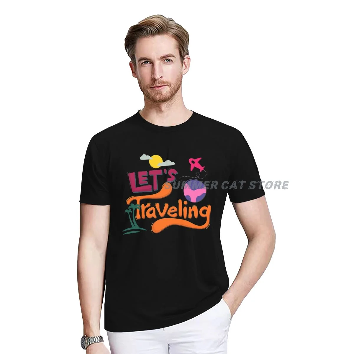 

Funny Let's Traveling Quote Typography Short Sleeve T Shirt Men Cotton Tees Streetwear