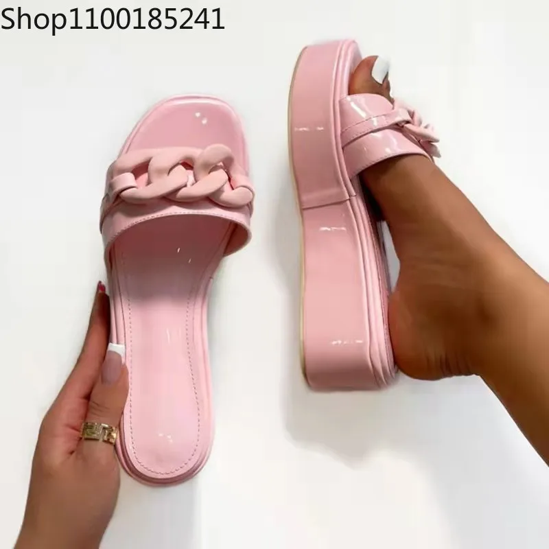 

Platform Flats Women Shoes 2022 New Pumps Fashion Crystal Metal Chain Sexy Sandals Outdoor Casual Sport Flip Flops Slippers