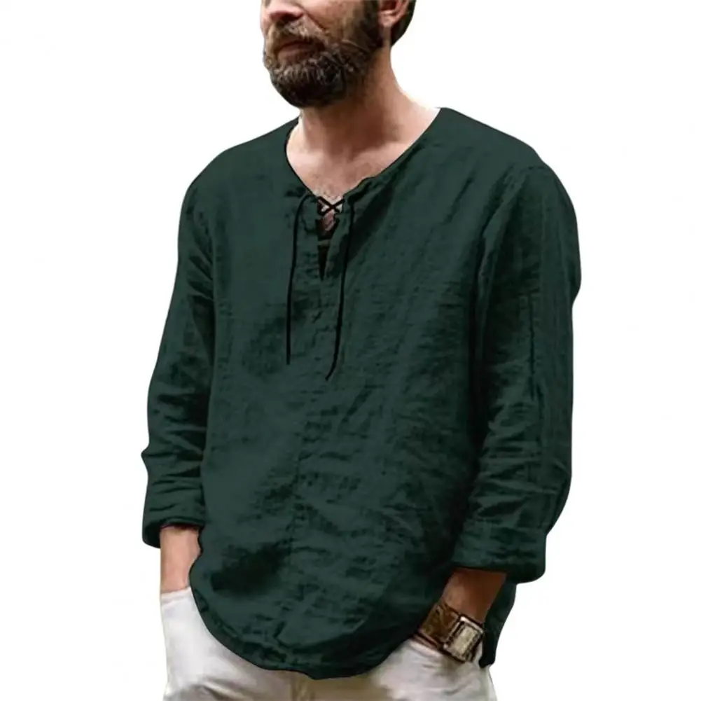 

Spring T-shirt Men Casual O-neck Solid Color Vintage Drawstring Loose Long Sleeves Men Shirts Summer Top Men Clothes 2023