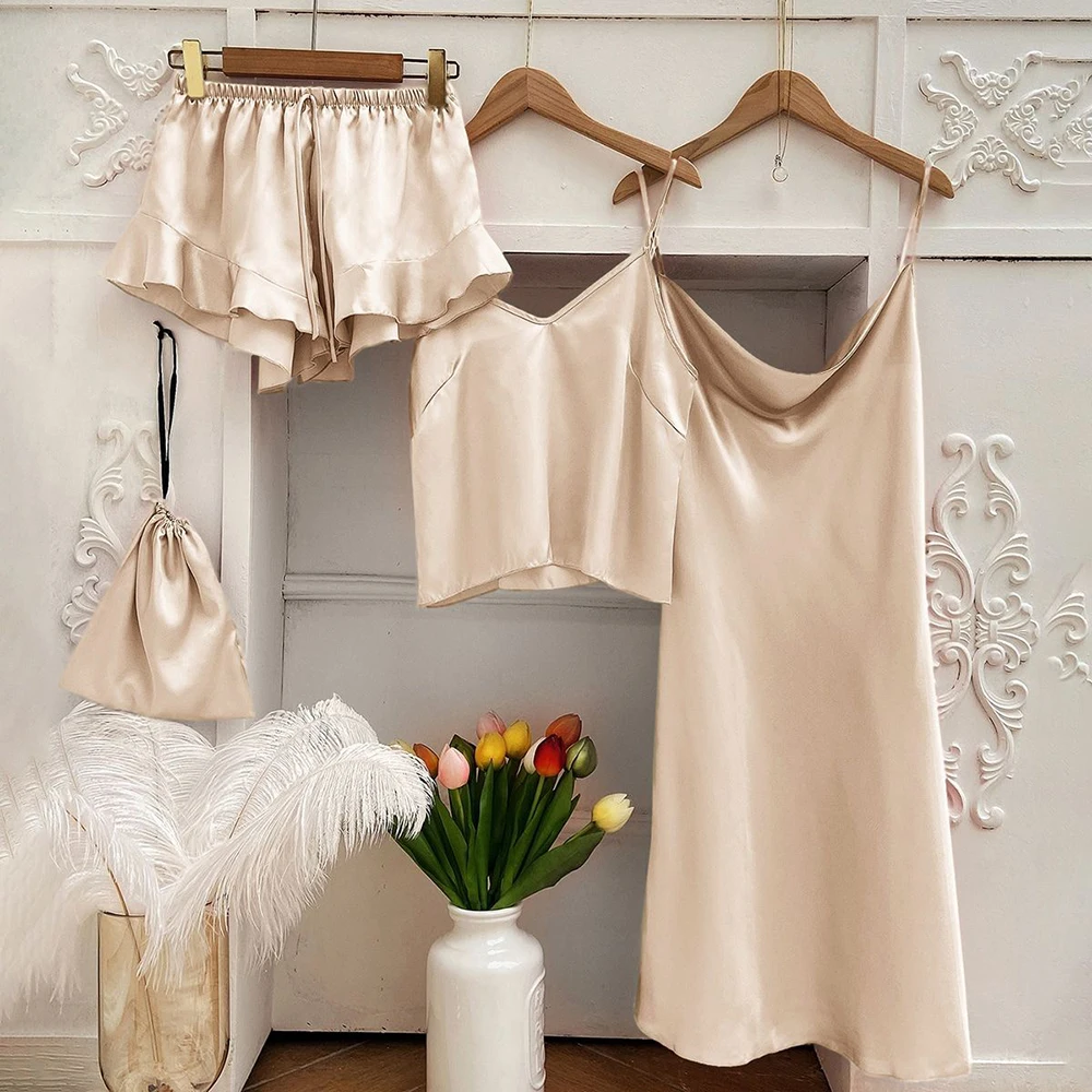 Fashion Silk Sling Household Clothes Pajamas Women's Sling Shorts Pajama Dress Set Lightweight and Comfortable All Seasons Wear