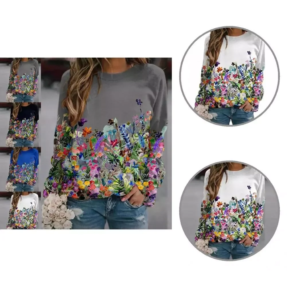 

2023New Stylish Long Sleeve Floral Sweatshirt Blouse Accessory Women Sweetshirt Loose for Going Out