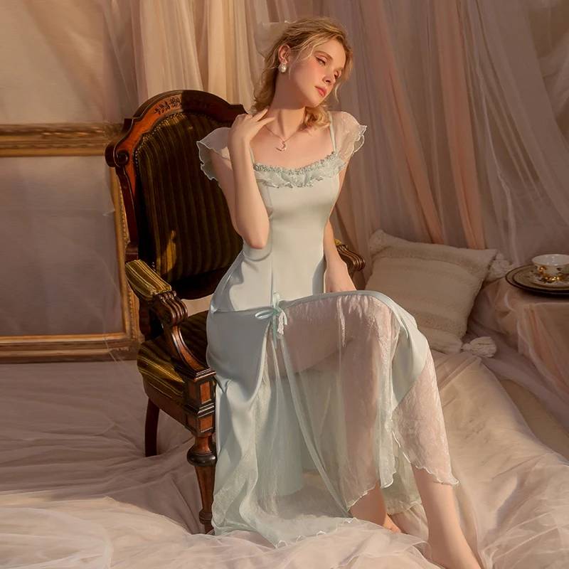 Women Fairy Skirt Fashion Gauze Perspective Dress Female Square Neck Short Puff Sleeves Backless Dress for Women's Nightdress