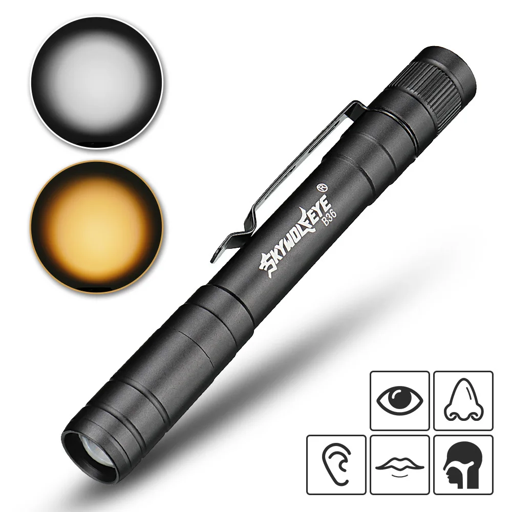 Купи Aluminum Alloy LED Flashlight Yellow White Dual Light Source Medical Mini Pen Style Light Tactical Military Search Flashlight за 111 рублей в магазине AliExpress