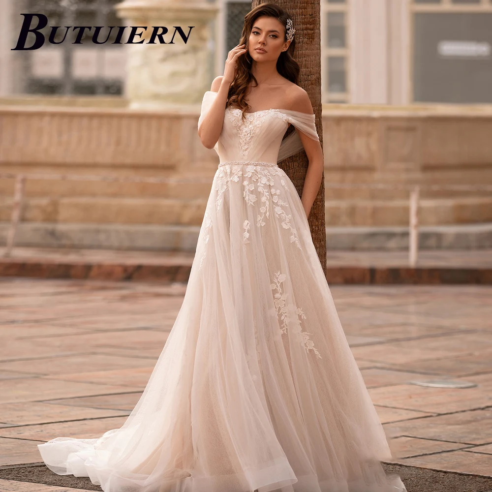 

BUTUIERN Sweety Appliques Wedding Dress Strapless Lace Aline Off Shoulder Bridal Gown Backless With Court Train Customised