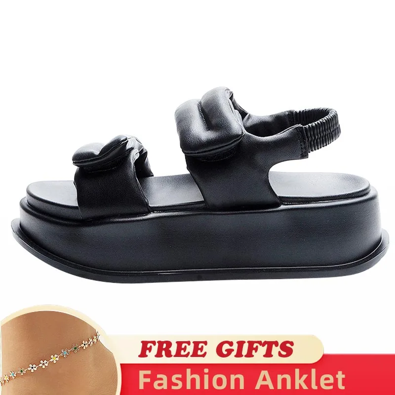 2023 New Summer 6cm Platform Women Sandals Genuine Leather Women Hook&loop Heel Elastic Band Ladies Wedge Chunky Shoes