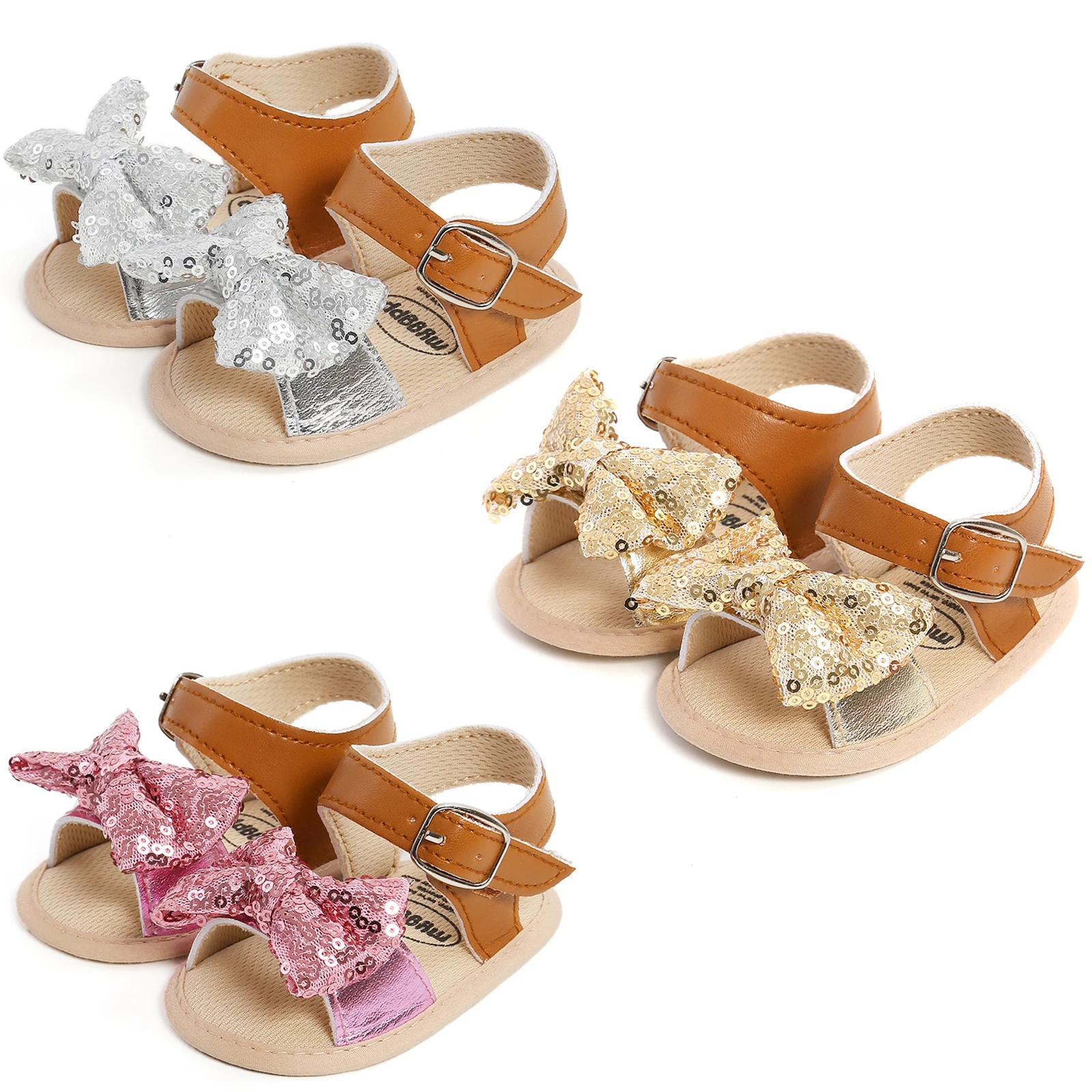 

2022-02-21 Lioraitiin 0-18M Infant Baby Girls Casual Shoes Sequin Bowknot Patchwork Soft Sole Non-Slip Princess Flat Sandals