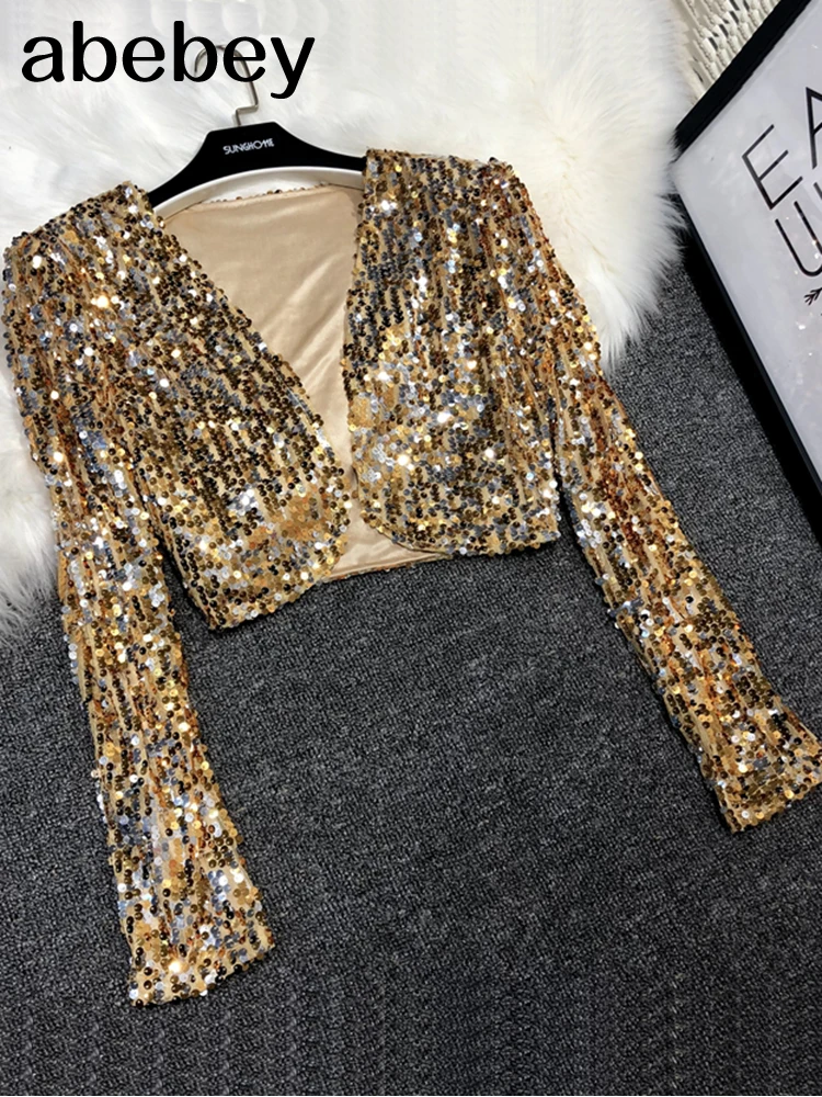 Sequins Patch Jacket Women Spring Long Sleeve Gold Silver Shiny Crop Top Dance Party Korean Slim Open Stitch Female