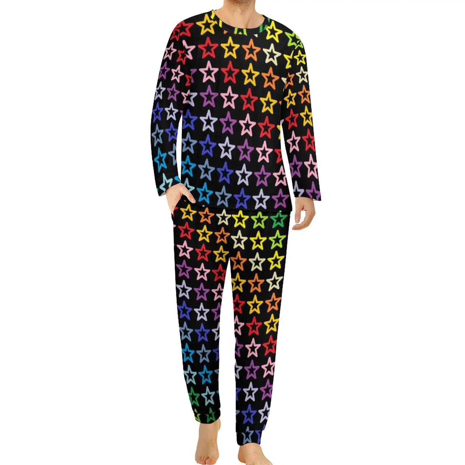 Abstract  Rainbow Pajamas Winter 2 Piece Colorful Stars Print Cute Pajamas Set Long Sleeve Bedroom Custom Sleepwear Large Size