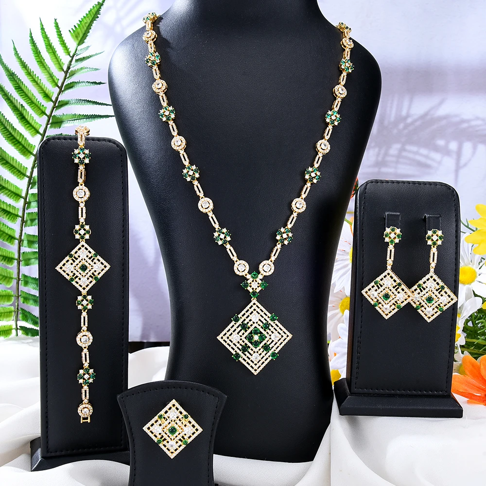 

Missvikki Original Luxury Square Hollow Necklace Earrings Bracelet Ring Jewelry Sets For Women Bridal Wedding Carving patterns