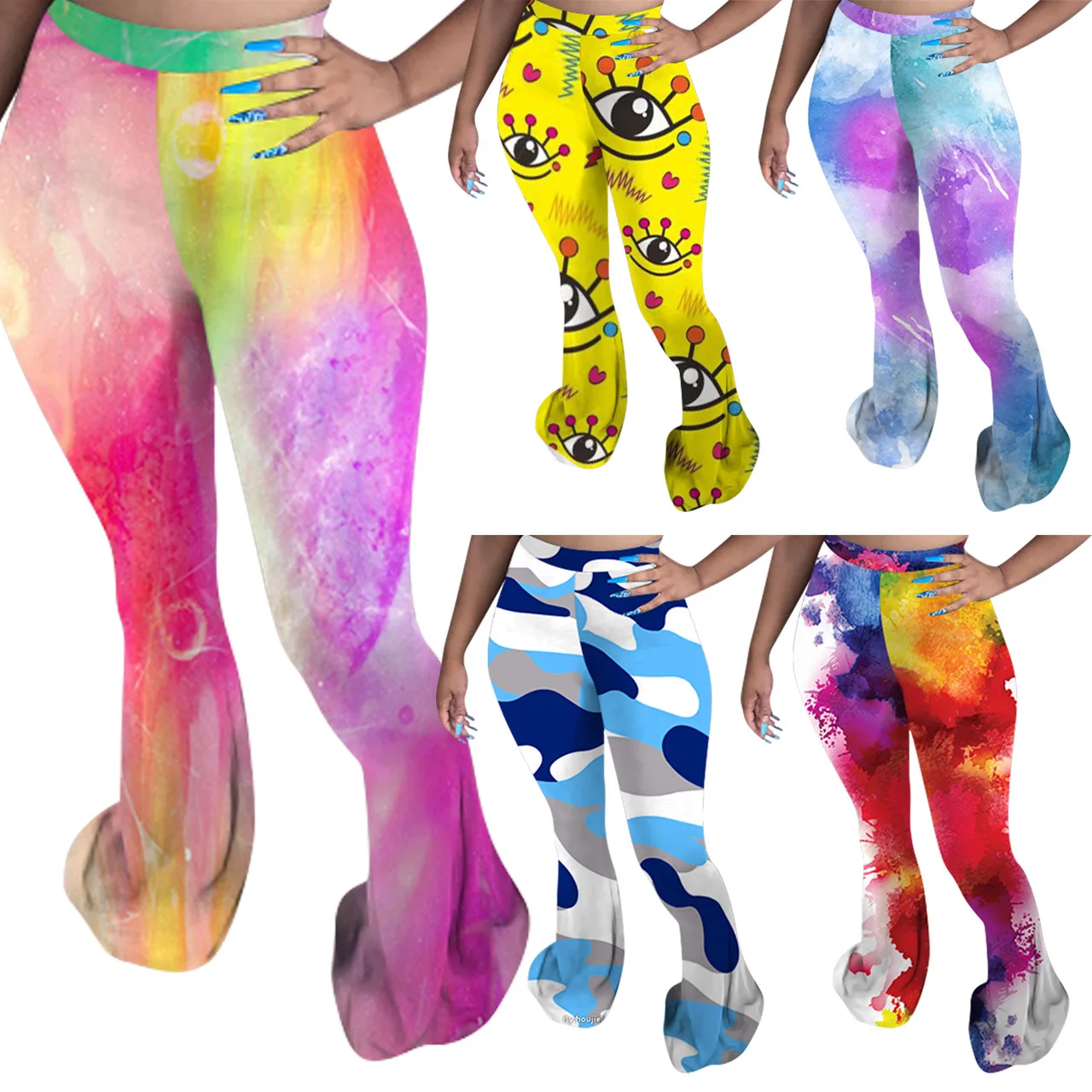 

Autumn Style Bell-bottom Print Pants Anime Pants Street Style Elastic Waist Bohemian Trousers Women