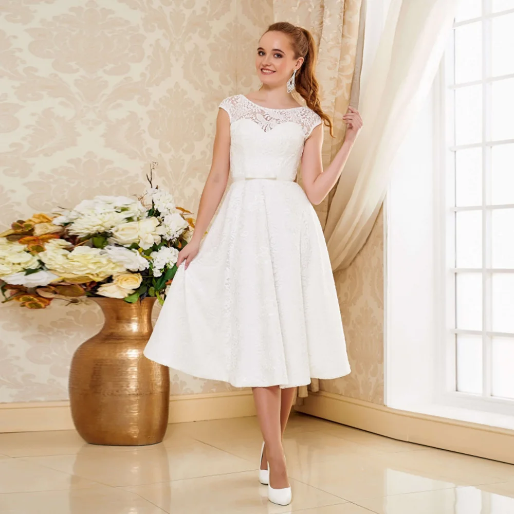 

Женское кружевное свадебное платье It's yiiya, белое ТРАПЕЦИЕВИДНОЕ ПЛАТЬЕ до середины икры с круглым вырезом и бантом на лето 2022