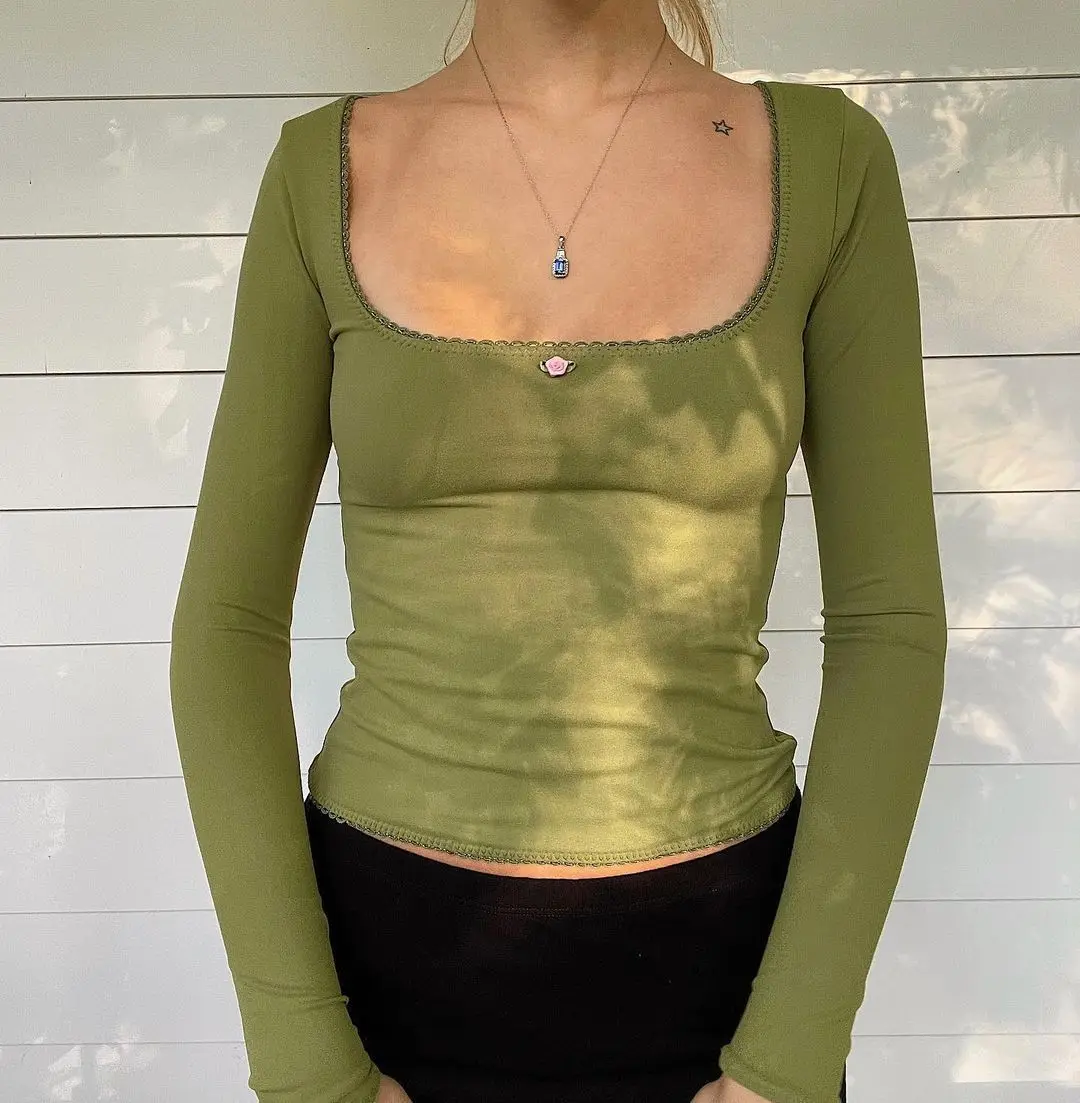 

Женский топ с длинным рукавом, базовая облегающая футболка, весенний короткий топ с квадратным вырезом Y2k, кружевная футболка, уличная одежд...