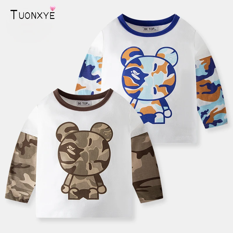 

TUONXYE Autumn Boys Long Sleeve T-shirt Cartoon Camo Bear Pattern Knitting Breathable Soft Grade A Cotton Baby Clothes 2-9years