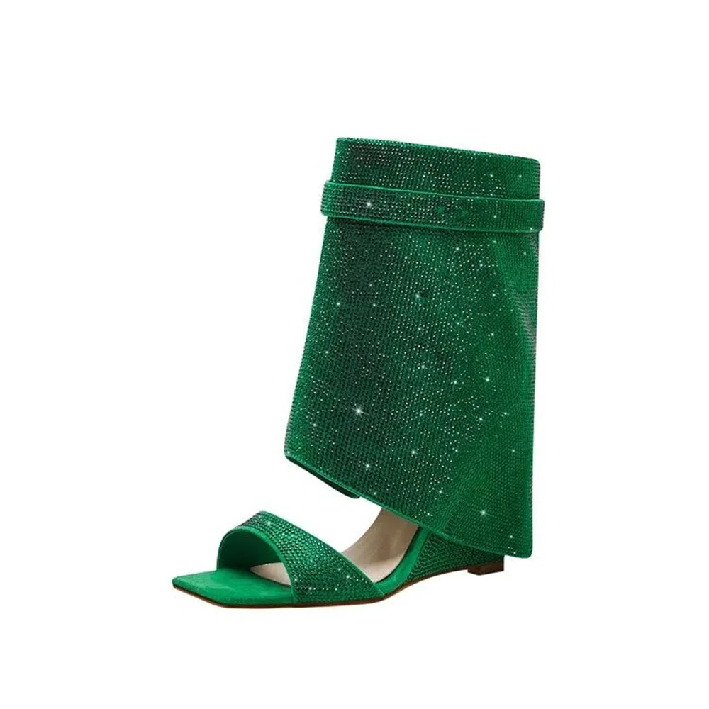 Women's New Slotted Toe with Open Toe Slope Heel Shark Boots Sexy Colored Rhinestone Metal Decoration Calf Short Boots Sandals