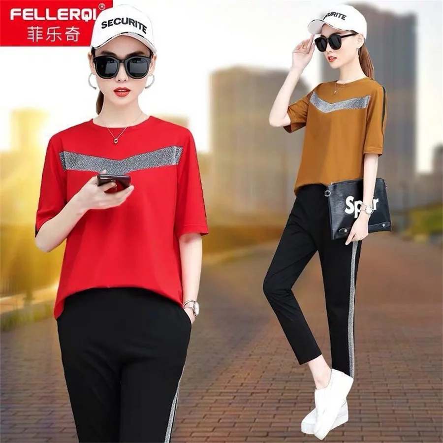 

Fashion Summer Women Sets Casual Female Sportswear Suit Printed Short Sleeve Tshirts+ Pants Two-piece Set