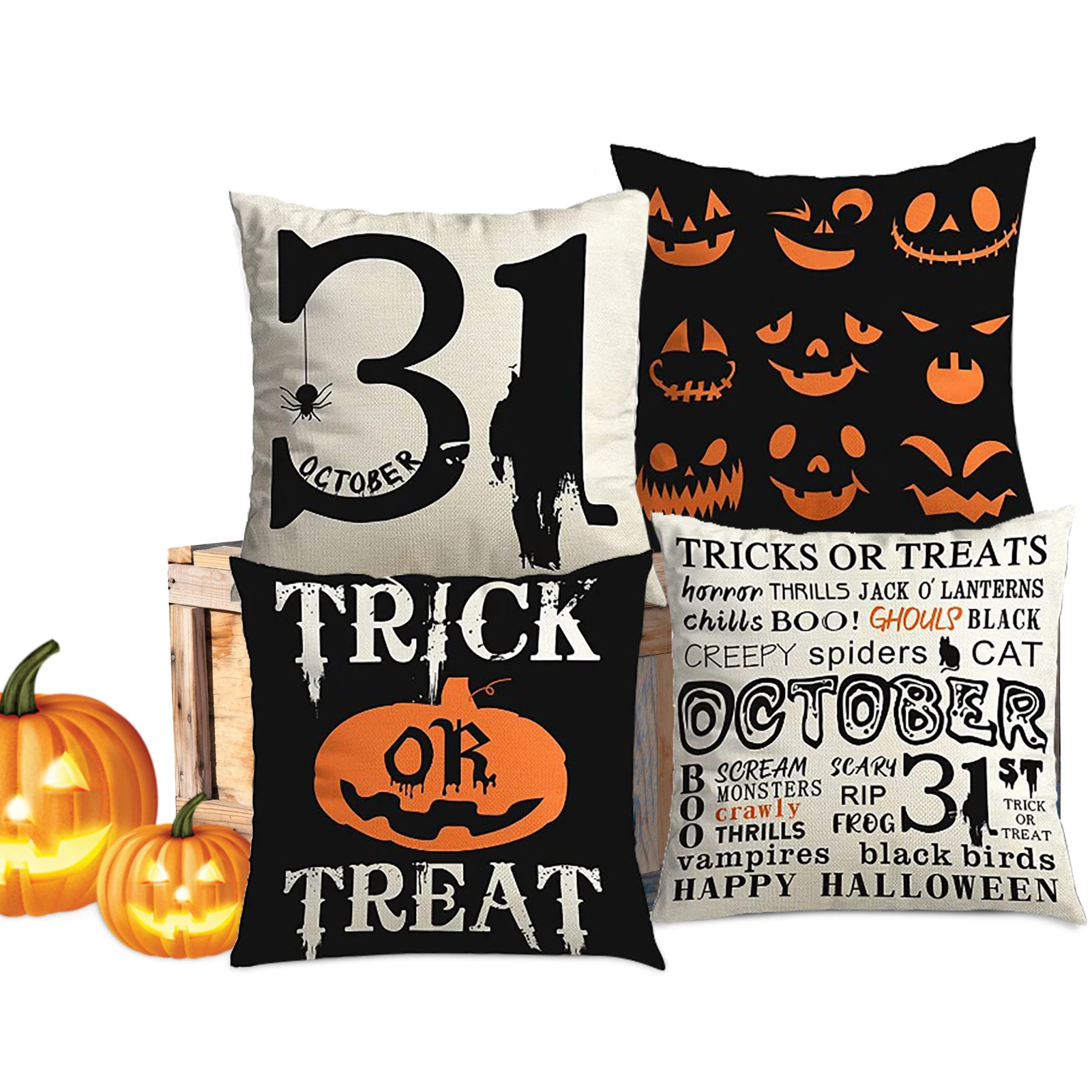 

Halloween Pillow Covers 18x18 Inch Sofa Throw Pillow Covers Sofa Rustic Linen Pillow Cover Halloween Home Decor 4-Piece Set
