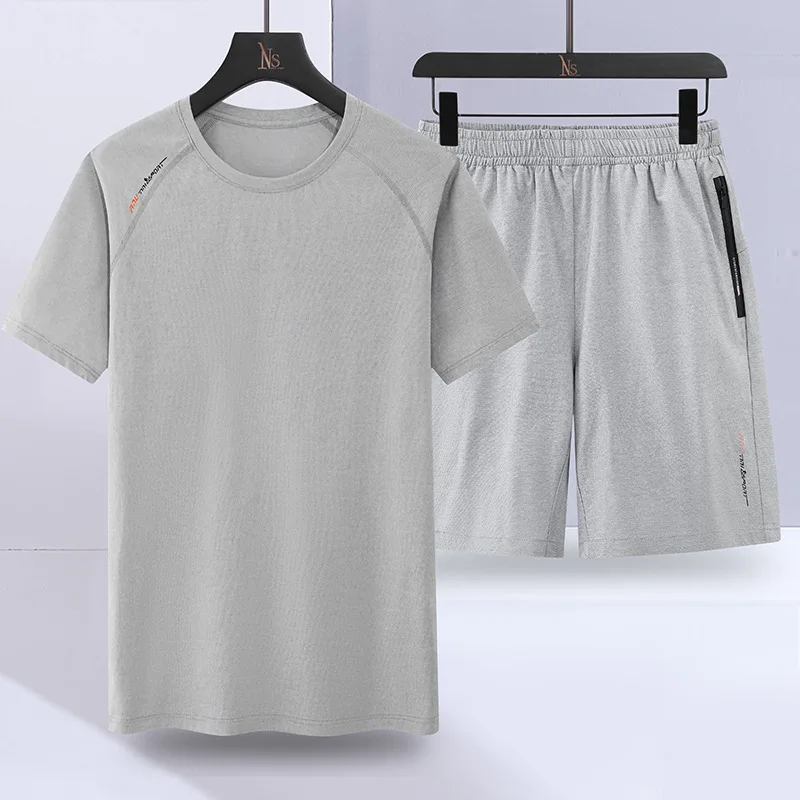 2023 Summer New Men's Short-Sleeved Suit Ice Silk Short Sleeve T-shirt Men's Shorts Casual Quick Drying Clothes Two-Piece Suit