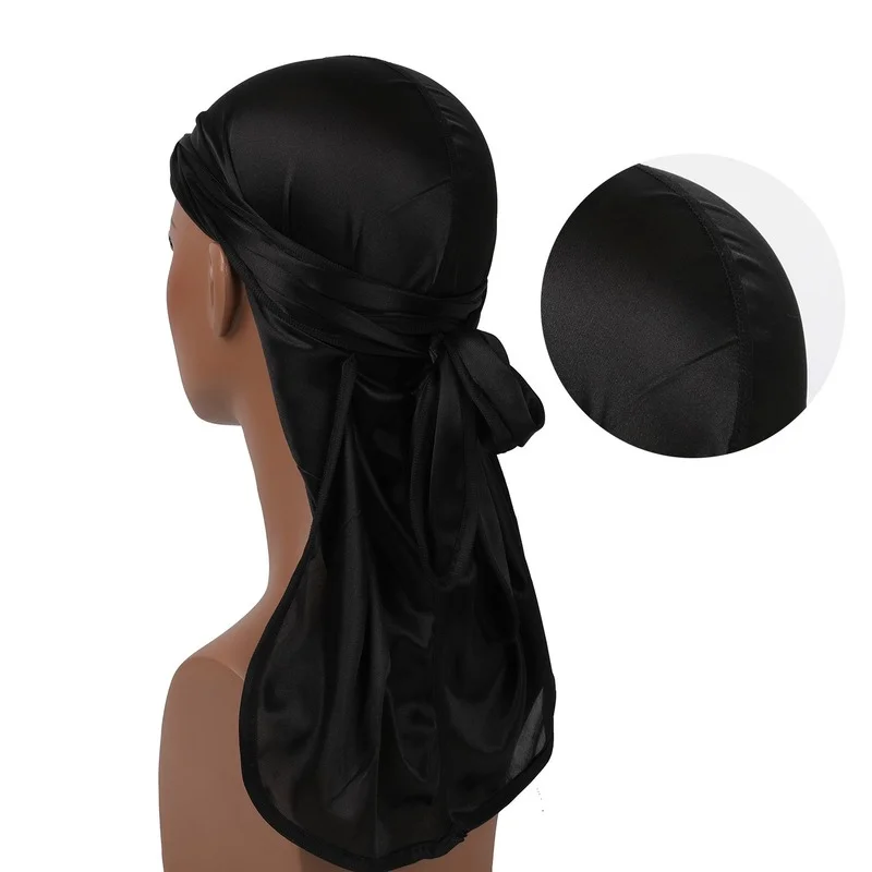 

2022 Newly Unisex Monochrome Seamless Stitching Silk Hijab Cap Long Tail Braid Pirate Hat Elastic Baotou Hat Chemotherapy Hat