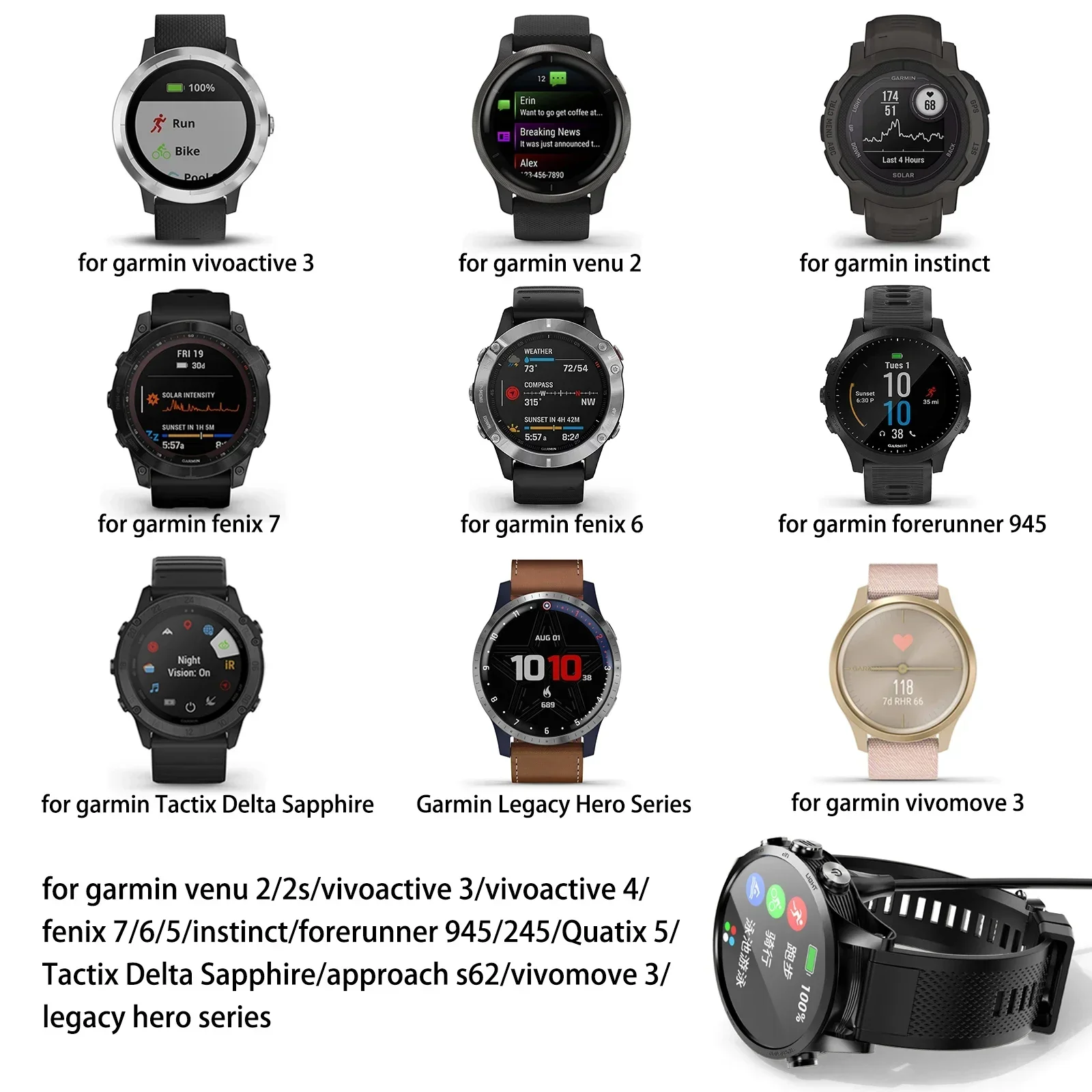 Фото Зарядная док-станция для Garmin Instinct, Vivoactive 3/4, Fenix 5/6/7, 7X, 7S, Venu 2/2S, Forerunner 945/245, USB-кабель для зарядки, подставка-станция №3