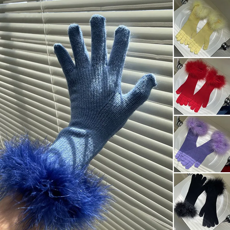 

1Pair Women Feather Knitted Gloves Cashmere Long Gloves Fashion Five-finger Mitten Winter Warm Autumn keep warm Gloves Party