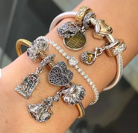 Pandora-Bracelet sans fil en argent 925 pour femme, la belle et la bête, le poivre, rose, breloque pendante, romantique, bijoux à bricoler soi-même