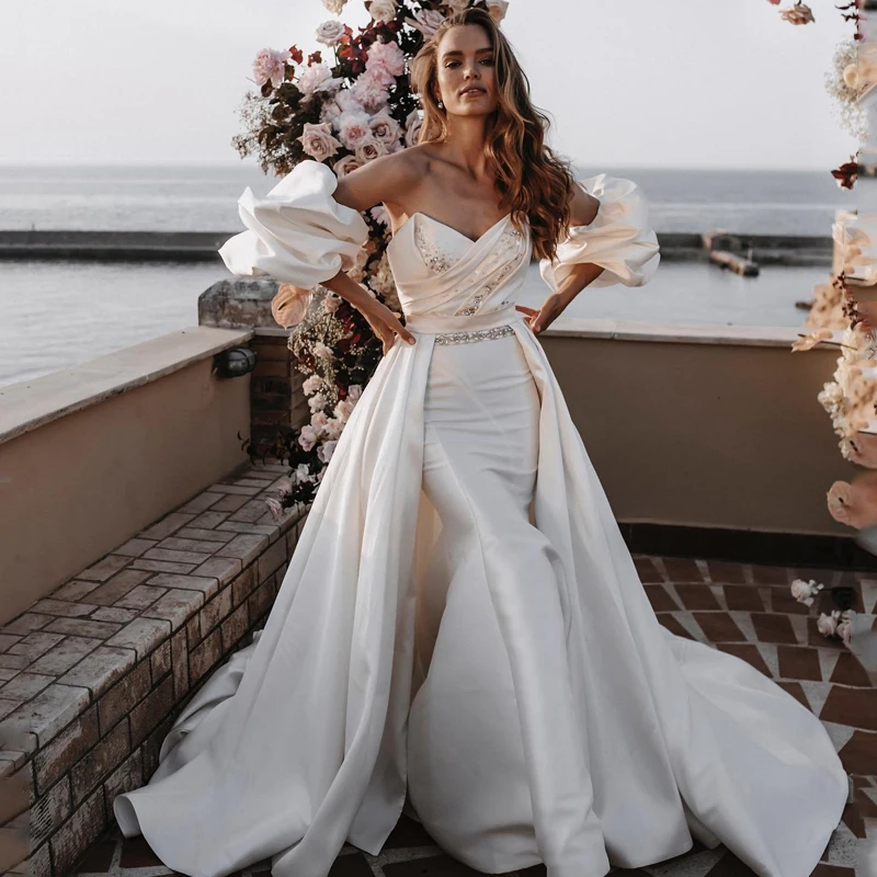 

Eightre White Mermaid Wedding Dresses Beadings Lantern Sleeve Dress Satin Detachable Train Wedding Evening Prom Gowns Plus Size