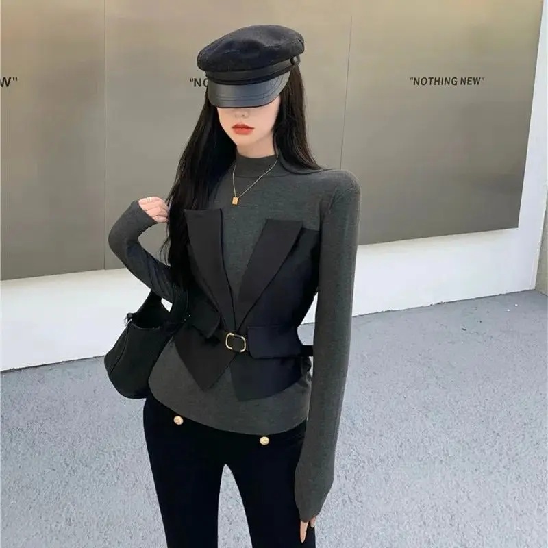 

WDMSNA Весенняя мода, имитация двух частей, футболка, женский топ с зауженной талией, футболка с круглым вырезом, женская одежда, футболки с длинным рукавом